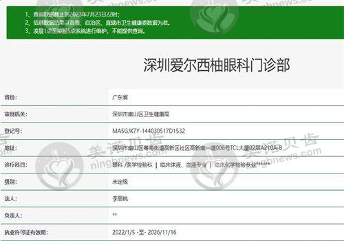 深圳爱尔西柚眼科门诊部执业信息